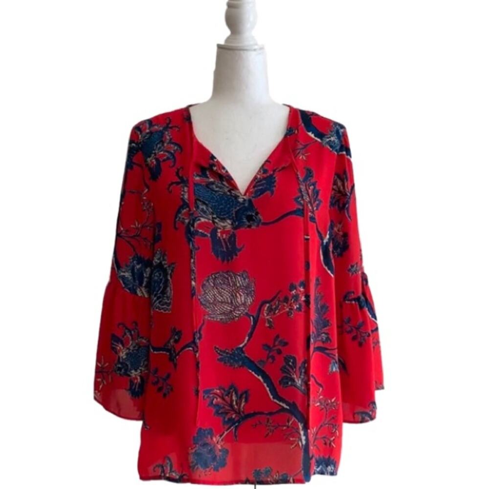 Violet + Claire Blouse Top Red Blue Floral Split Neck 3/4 Bell Sleeves Medium